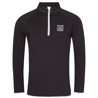 A black long-sleeve quarter-zip pullover with a mock neck collar, featuring a white zipper and white placeholder text on the left chest that reads 'YOUR LOGO HERE'.