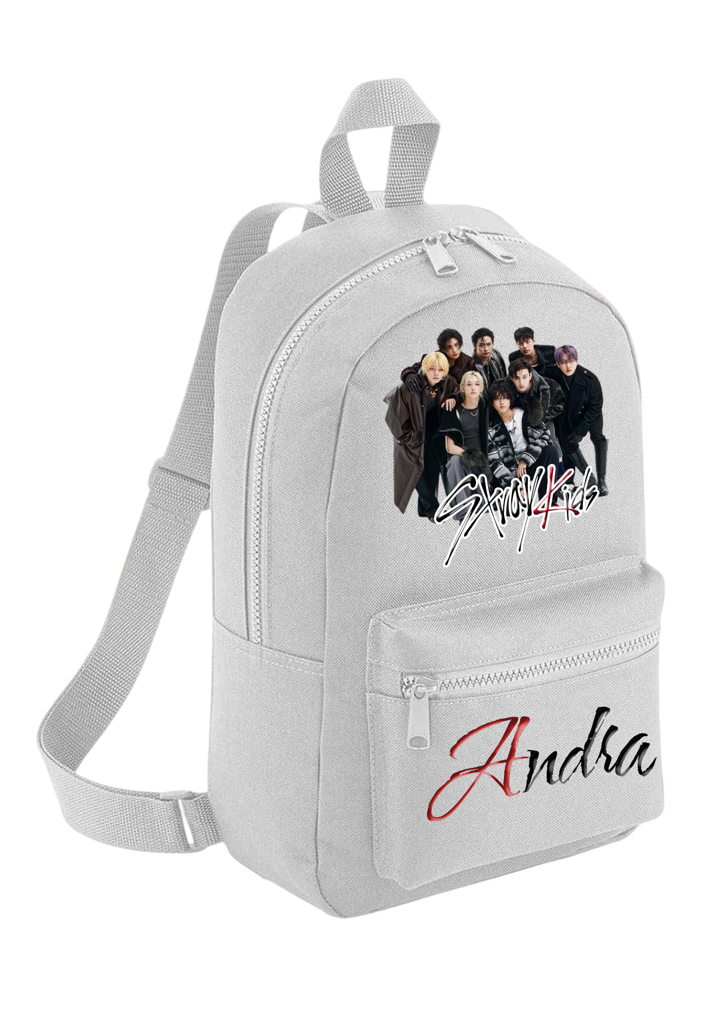Gray backpack with a photo of a group straykids and 'Andra' on a colorful gradient background