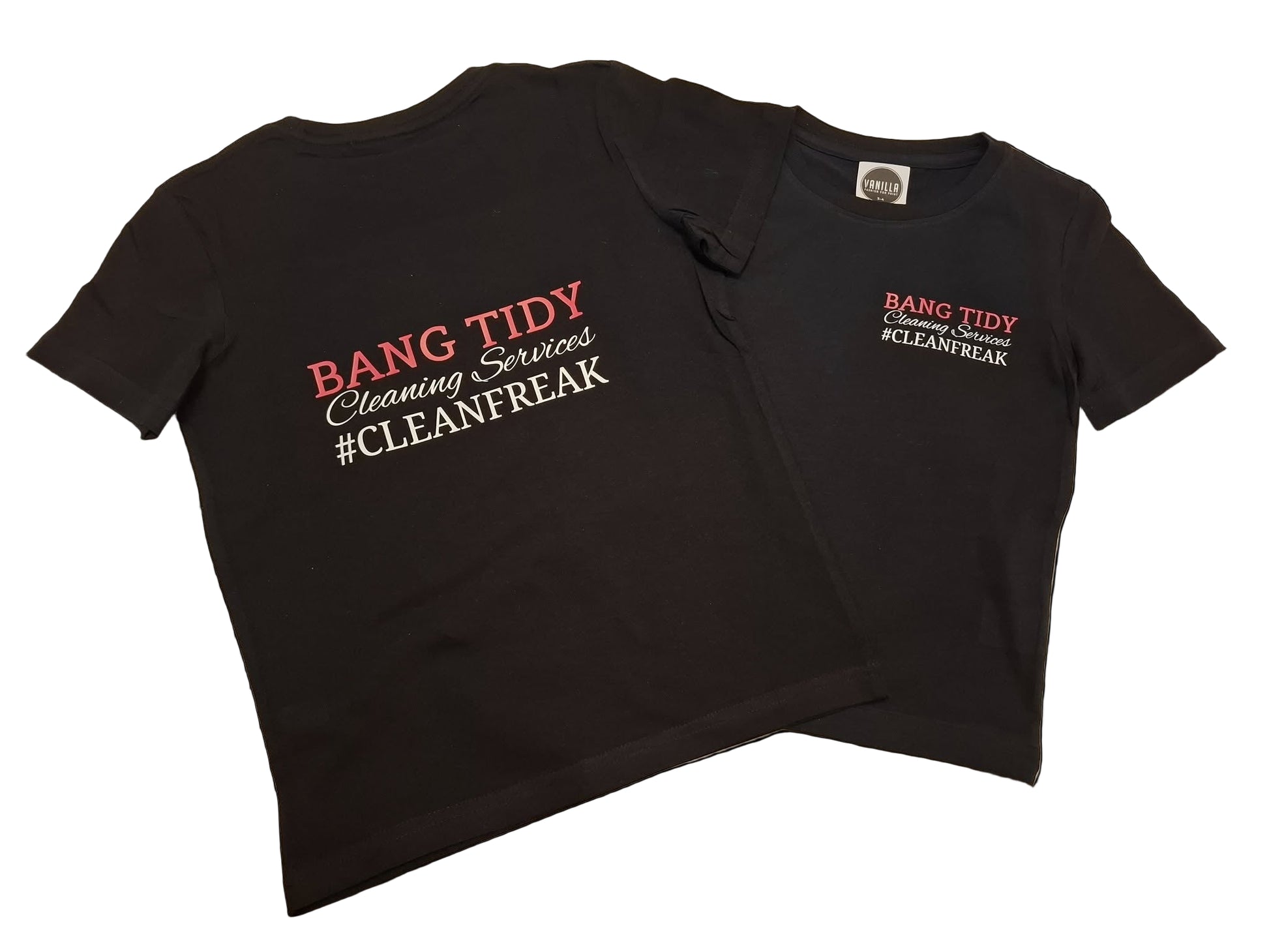 Two black t-shirts with 'Bang Tidy Cleaning Services #CleanFreak' text on a light background