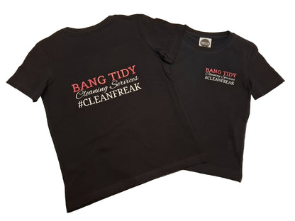 Two black t-shirts with 'Bang Tidy Cleaning Services #CleanFreak' text on a light background