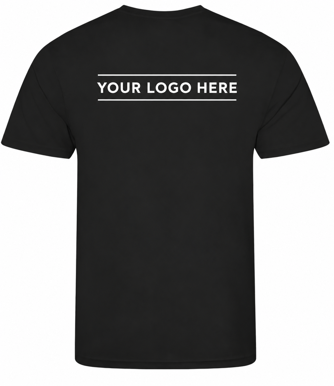 A black short-sleeve t-shirt shown from the back, featuring the white placeholder text 'YOUR LOGO HERE' centered on the upper back.
