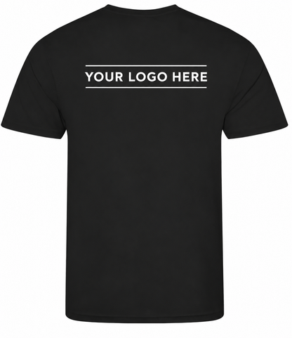 A black short-sleeve t-shirt shown from the back, featuring the white placeholder text 'YOUR LOGO HERE' centered on the upper back.