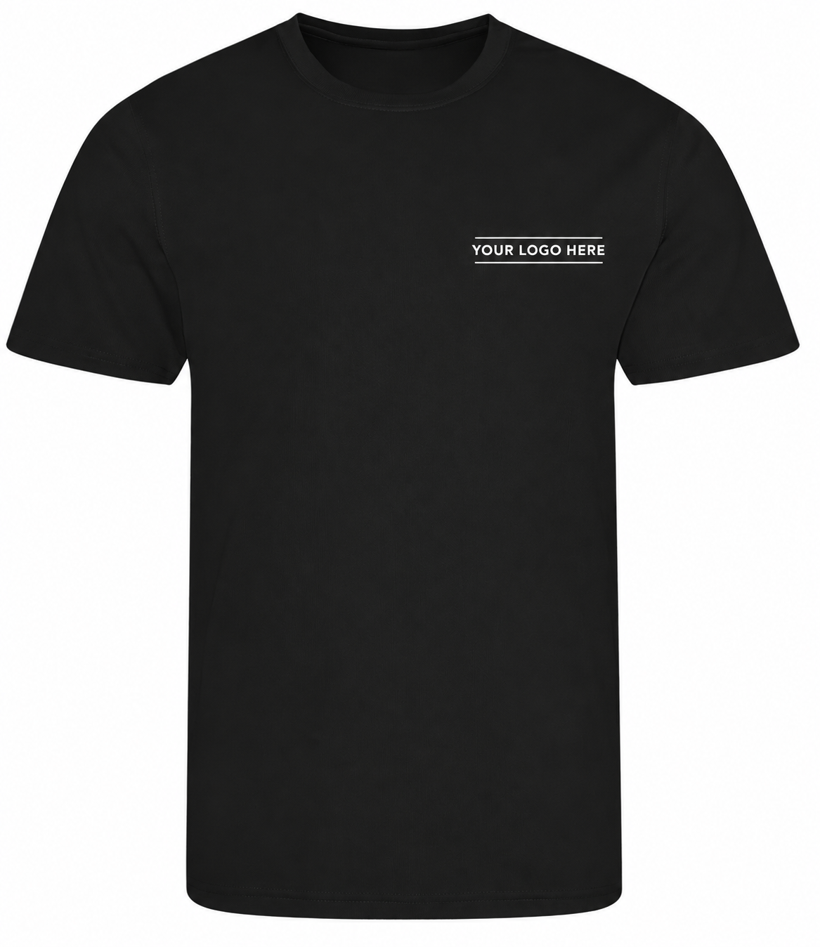 A black short-sleeve crewneck t-shirt with a small white placeholder text graphic reading 'YOUR LOGO HERE' on the left chest, shown against a plain white background.