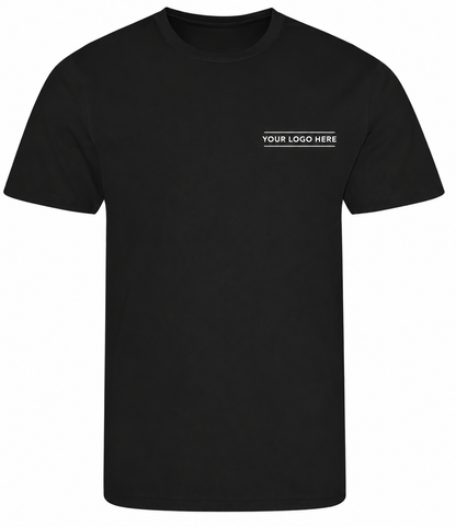 A black short-sleeve crewneck t-shirt with a small white placeholder text graphic reading 'YOUR LOGO HERE' on the left chest, shown against a plain white background.
