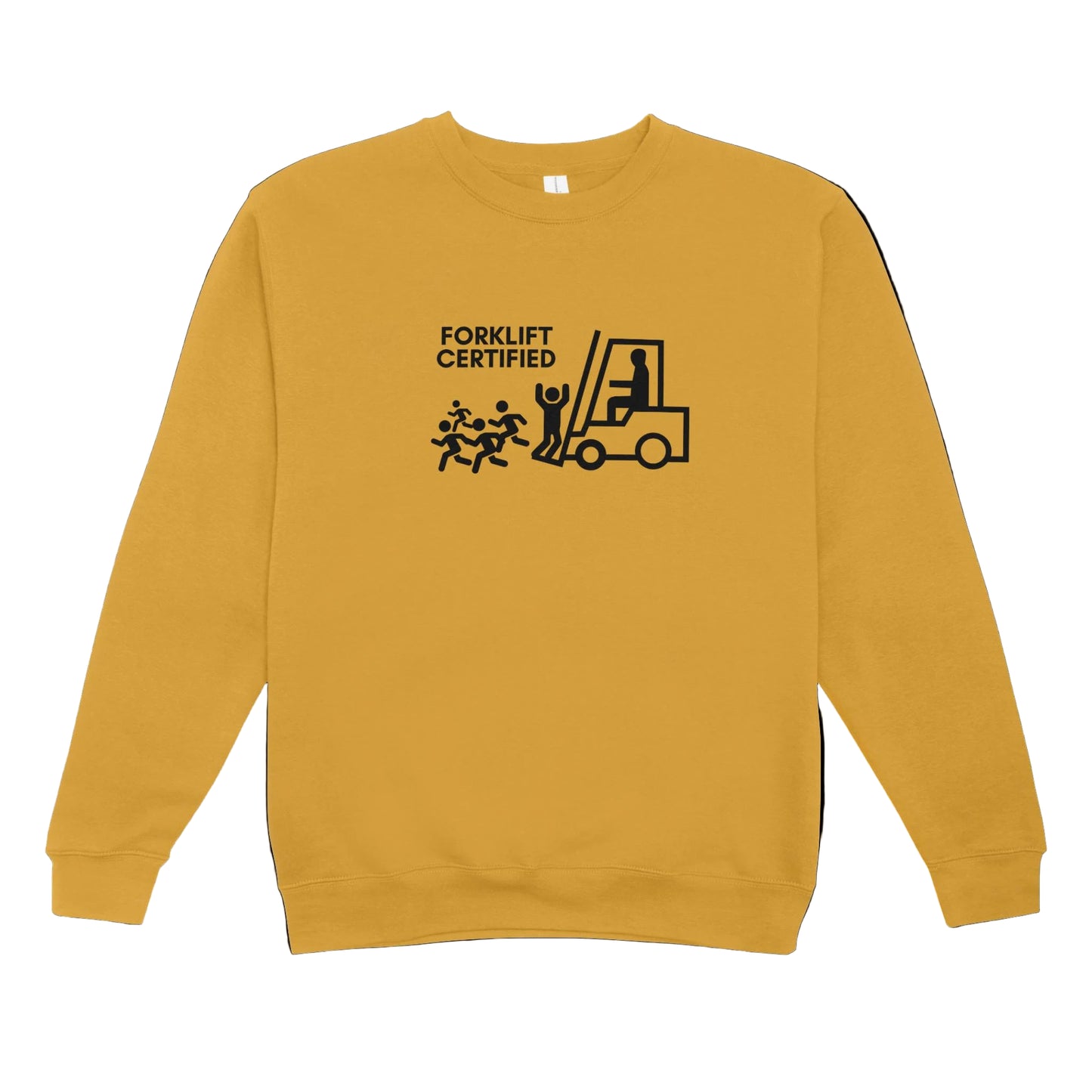 Yellow sweatshirt with 'Forklift Certified' graphic on a white background