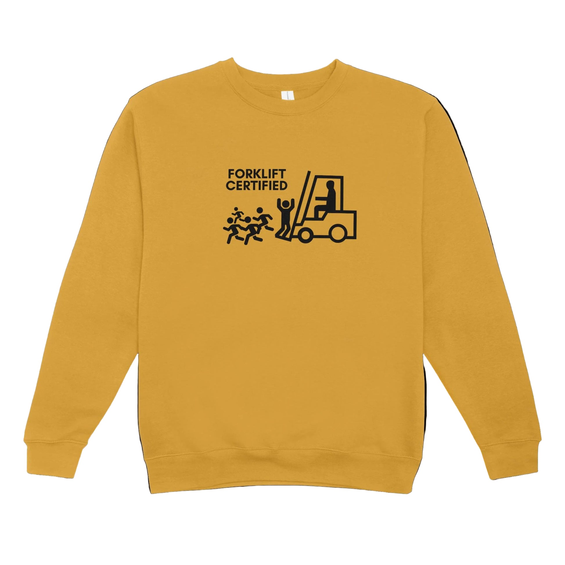 Yellow sweatshirt with 'Forklift Certified' graphic on a white background