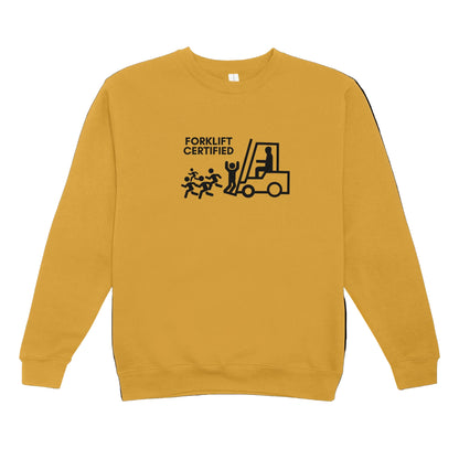 Yellow sweatshirt with 'Forklift Certified' graphic on a white background