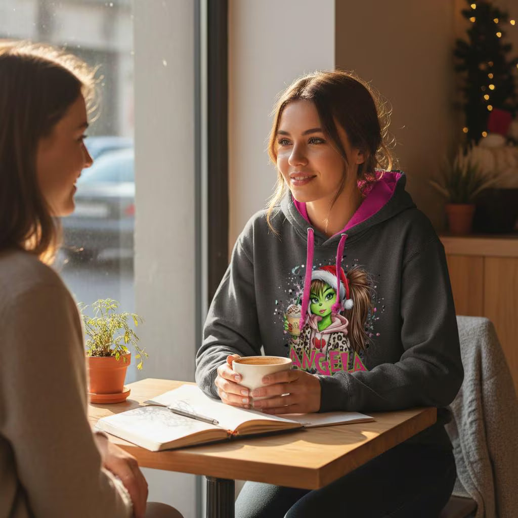 Grinch Girl No Glasses Hoodie – Pink Hood Contrast Christmas – Funny Xmas Jumper