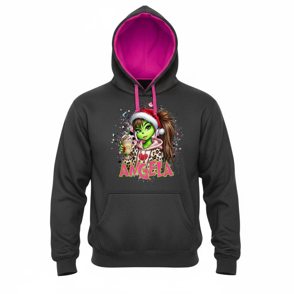 Grinch Girl No Glasses Hoodie – Pink Hood Contrast Christmas – Funny Xmas Jumper