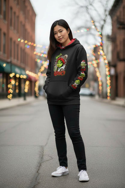 Virtual model wearing premium contrast Christmas Grinch hoodie