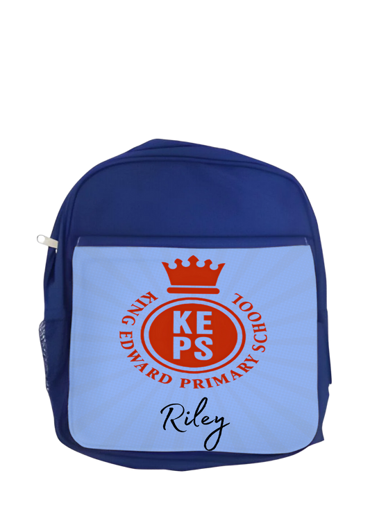 Navy blue backpack with red and white logo and text on a colorful background