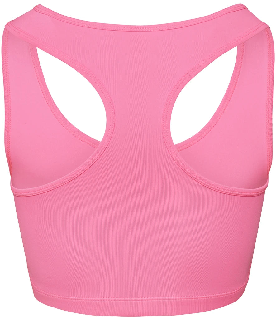 Pink sports bra with a racerback design, shown from the back view on a solid white background.
