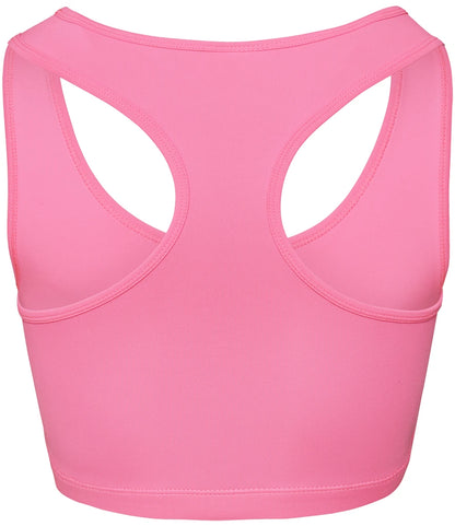 Pink sports bra with a racerback design, shown from the back view on a solid white background.