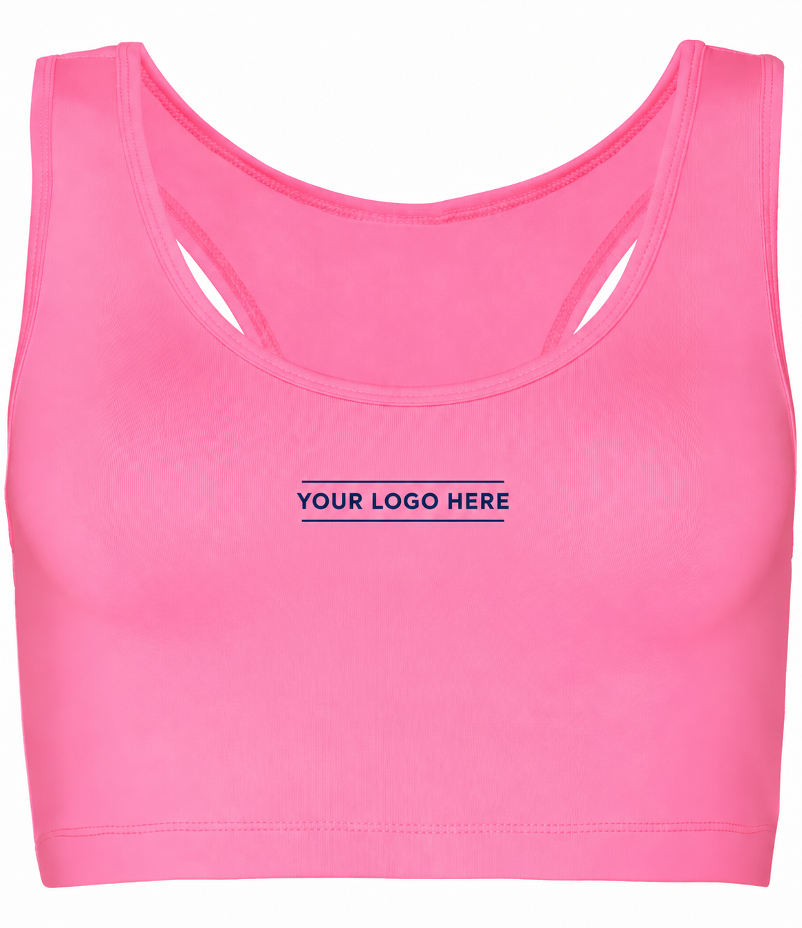 A bright pink racerback crop top with a customizable chest print reading 'YOUR LOGO HERE' in navy blue, shown against a plain white background.