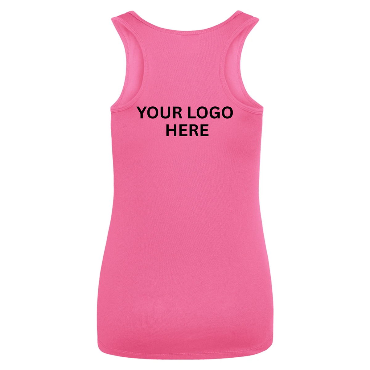 A bright pink sleeveless tank top shown from the back, featuring the black text 'YOUR LOGO HERE' printed across the upper back, set against a plain white background.