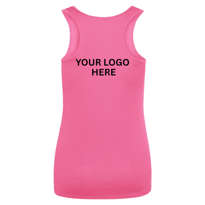A bright pink sleeveless tank top shown from the back, featuring the black text 'YOUR LOGO HERE' printed across the upper back, set against a plain white background.