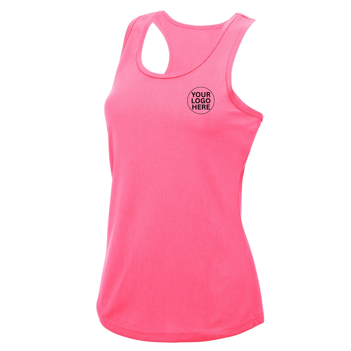 Pink women’s AWDis Cool sports vest with racerback styling, front view