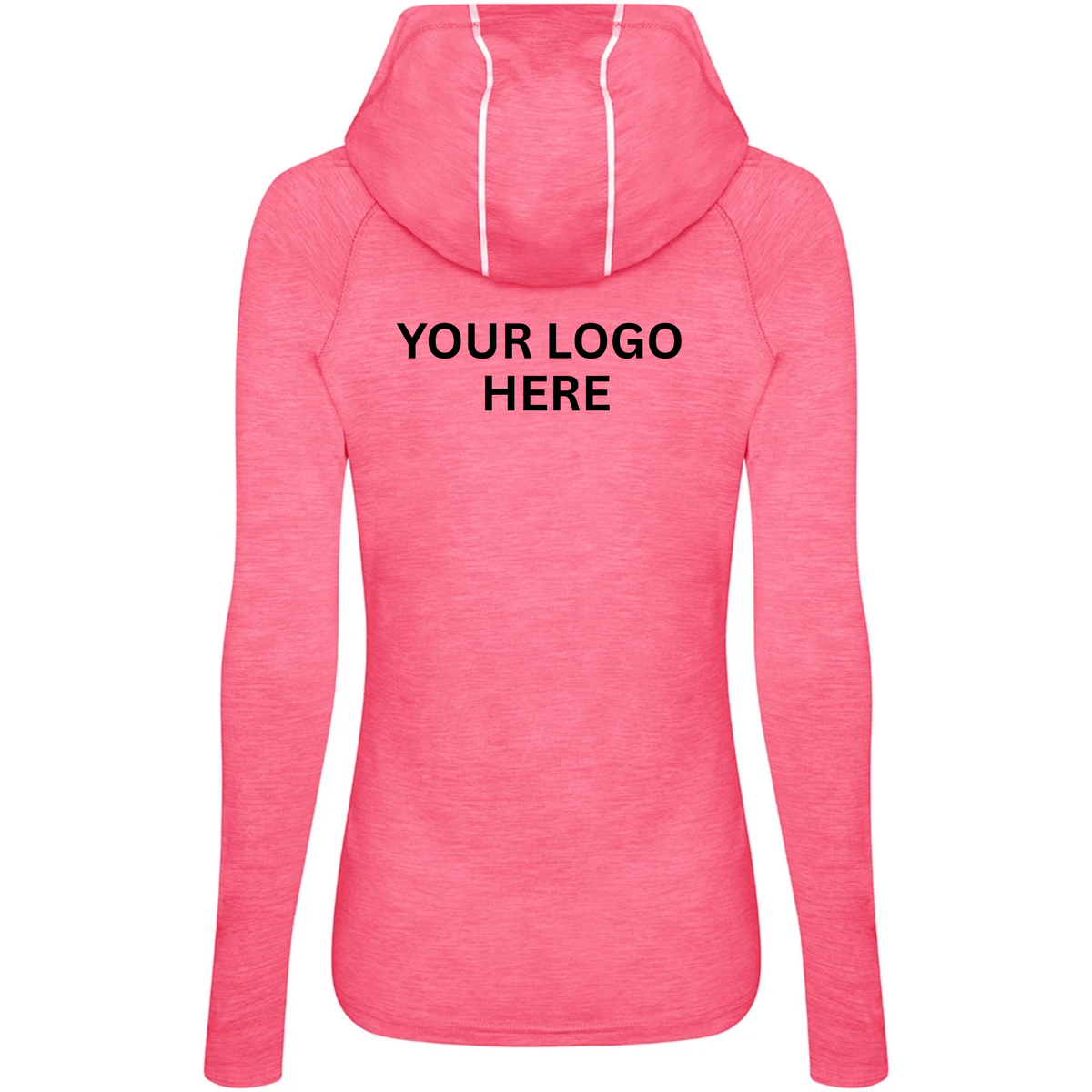A pink long-sleeve athletic hoodie shown from the back, featuring black placeholder text that reads 'YOUR LOGO HERE' and white drawstrings, set against a plain white background.