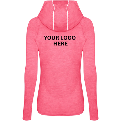 A pink long-sleeve athletic hoodie shown from the back, featuring black placeholder text that reads 'YOUR LOGO HERE' and white drawstrings, set against a plain white background.