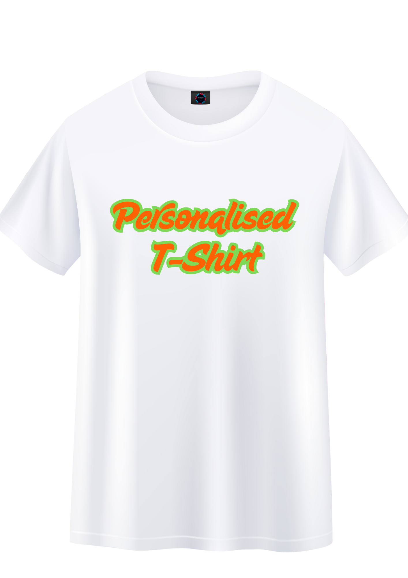 A white personalized t-shirt with a printed text that reads 'Personalised T-Shirt' on a pink background with a '9£ Special Offer' tag.