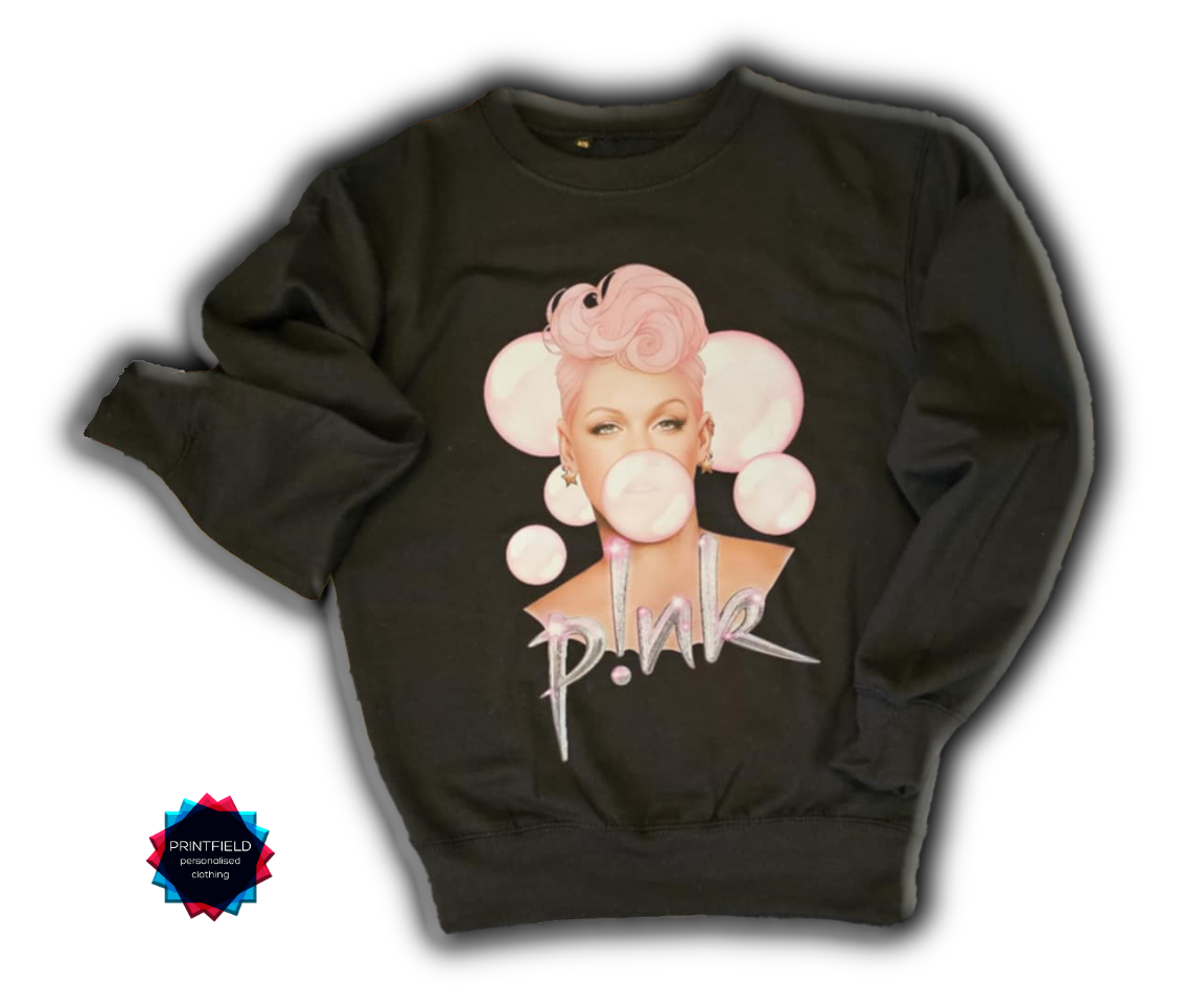 Black Cottonridge sweatshirt printed with Pink Bubblegum design – made by Printfield UK