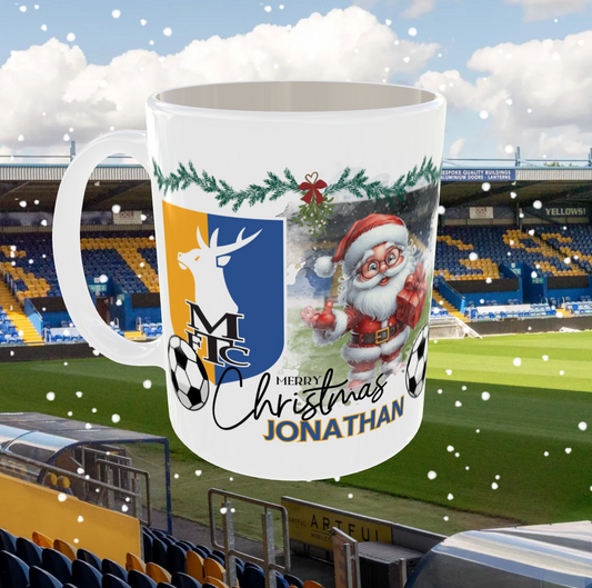 Personalised Mansfield Football Town Stags mug mockup with custom name on white ceramic cup by Printfield.