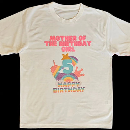 A white t-shirt with a colorful 'Pop It' design and text celebrating a birthday, featuring the number 5 and the phrase 'Mother of the Birthday Girl'.